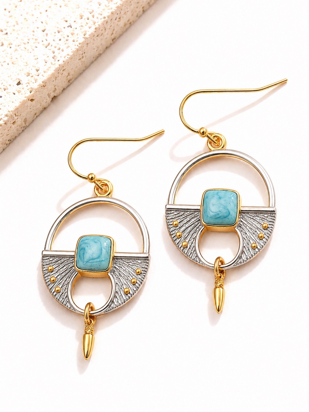 Theodosia~ Tribal Medley Turquoise Square Hoop Shield Dagger Bullet Arrow Dangle - Picture 3 of 6